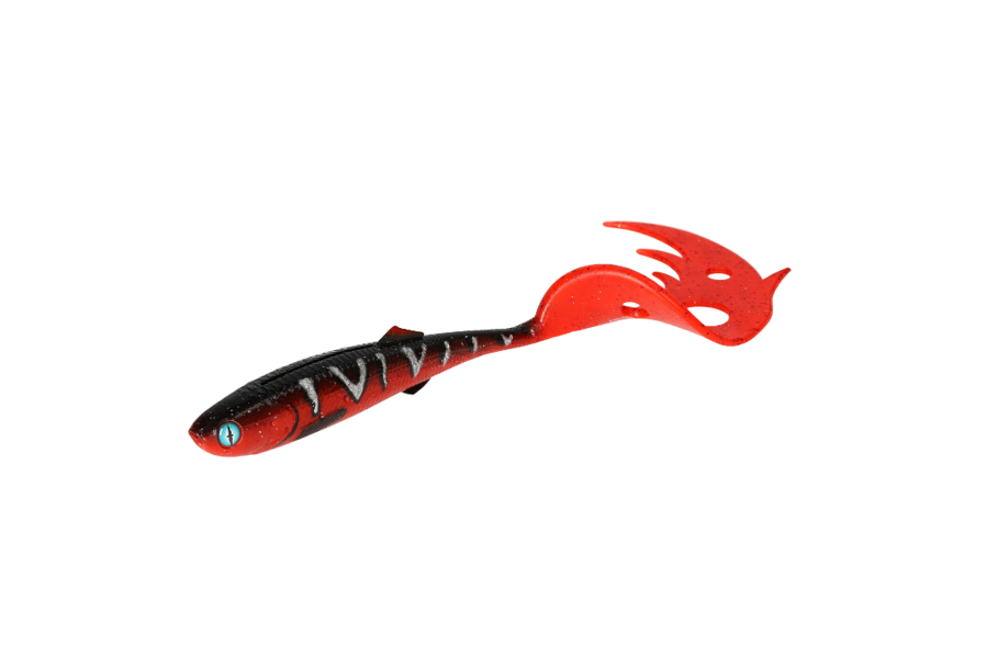 Der Mikado Sicario Pike Tail 10,5cm im Red Tiger-Design. Perfekter Twister-Köder für kapitale Hechte und Zander mit starker Aktion.
