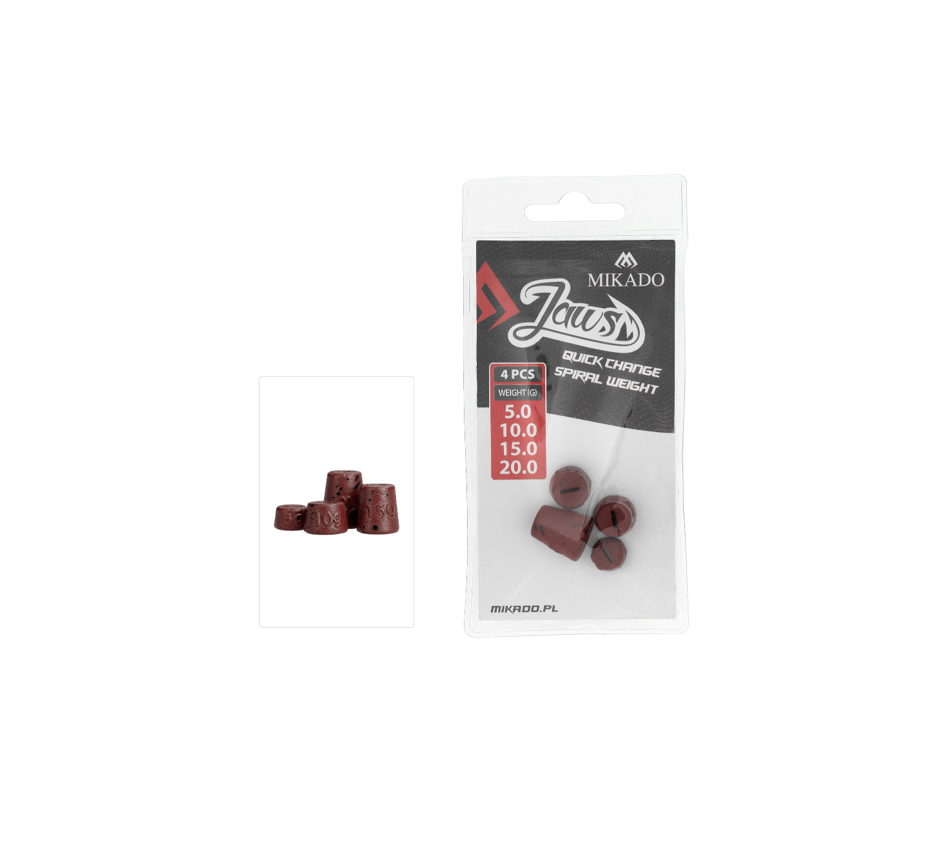 Austauschbare Gewichte von Mikado für das Jaws Quick Change Stinger-System im 4er-Pack – 5g, 10g, 15g und 20g, ideal zum Spinnfischen.